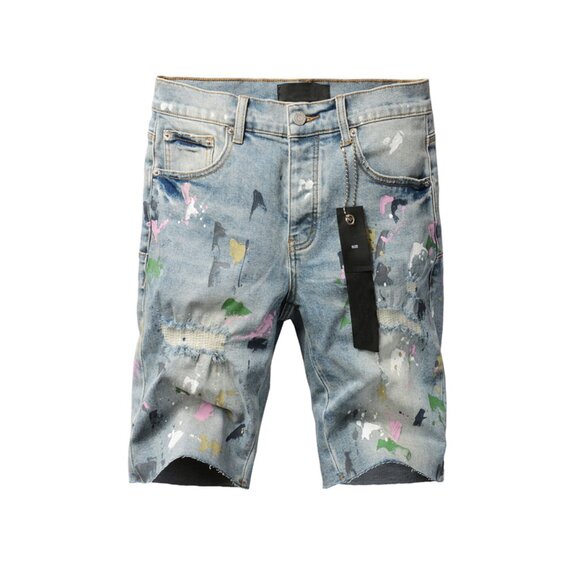 Purple Jeans Elastic Hem Mid Waist Washed Denim Shorts Men's